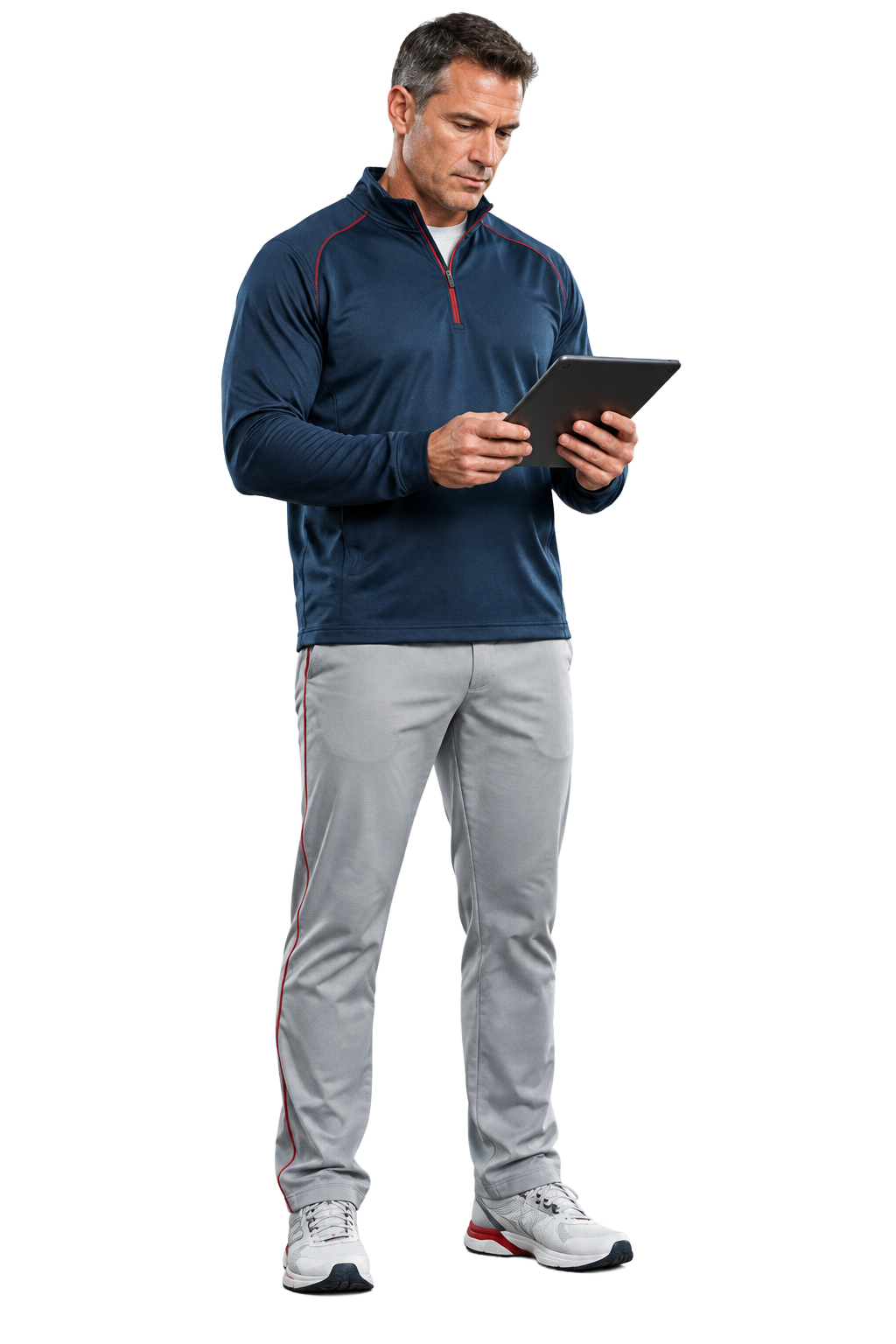 Coach reviewing game strategy on a tablet